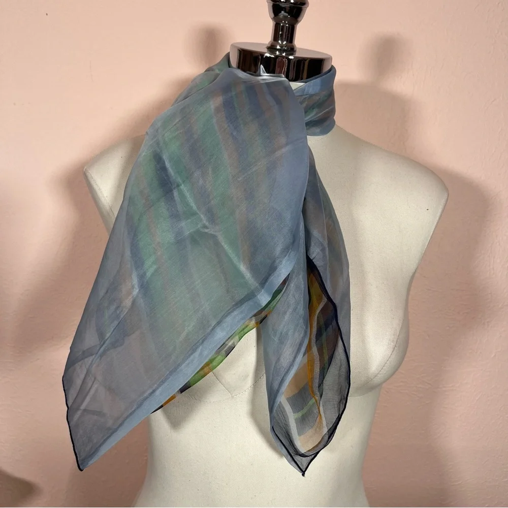 Vintage semi sheer striped Mod Green Blue Square Neck Scarf